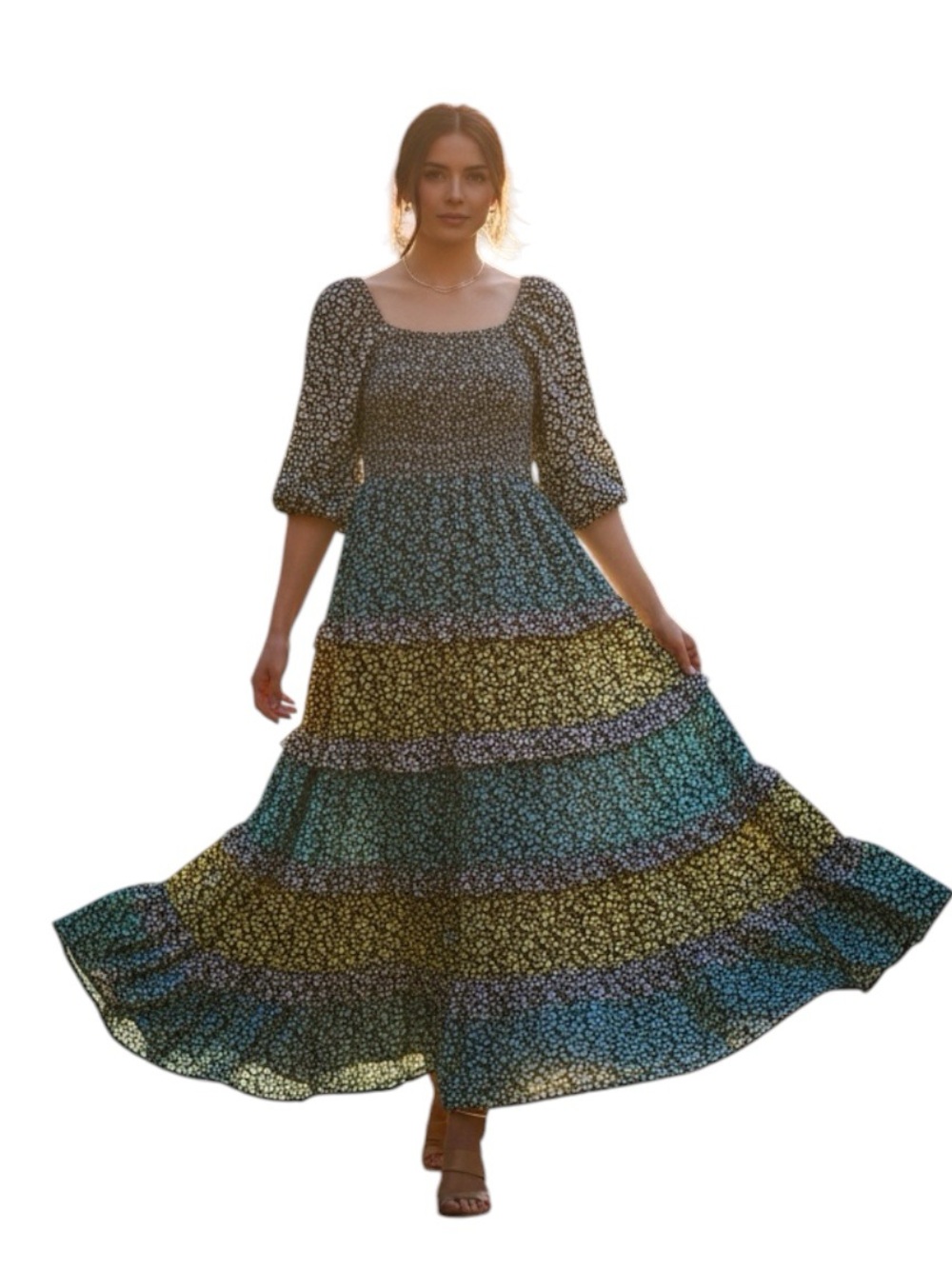 Dreamy Black Floral Maxi Dress Smocked Dainty Puff Sleeves Romantic Feminine